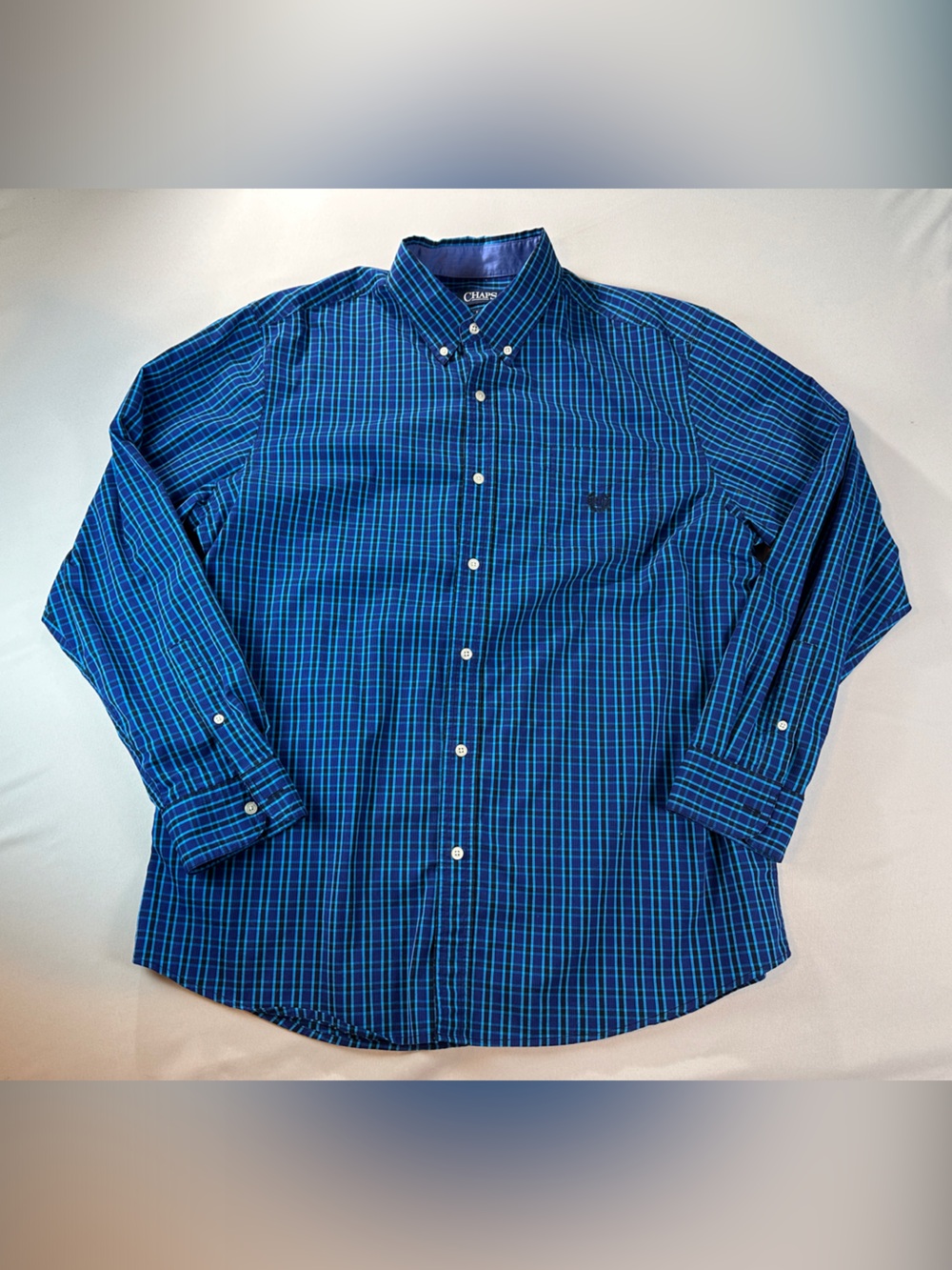 Chaps Dress Shirt XL Blue Plaid Stretch Button-Down Long Sleeve Easy Care